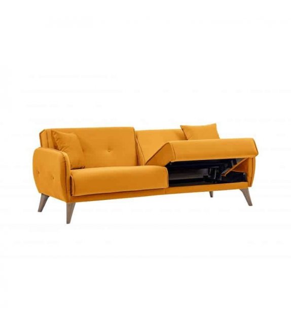 BONNY - Canapé droit 3 places convertible en tissu pieds bois clair - Jaune